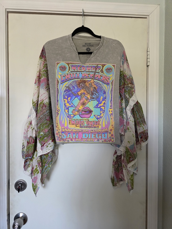 None Tops - Upcycled Red Hot Chili Peppers Graphic Pullover with Floral Sleeves
